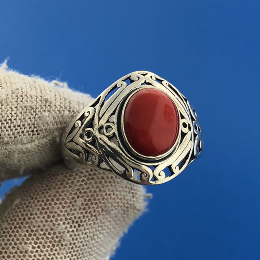 Designer MGC Sterling Silver 925 Oval Red Coral Filigree Scroll Cocktail Ring