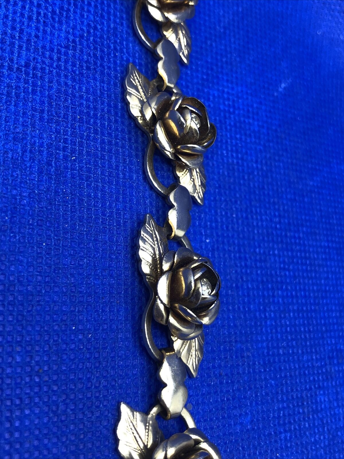 Vintage Gold-Tone Rhinestone Rose Flower Station Statement Bracelet