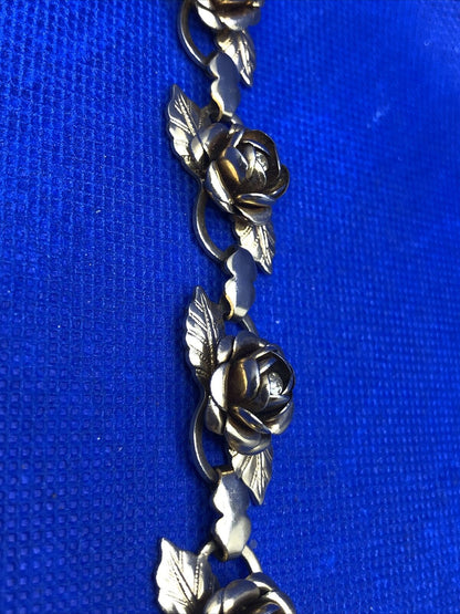 Vintage Gold-Tone Rhinestone Rose Flower Station Statement Bracelet