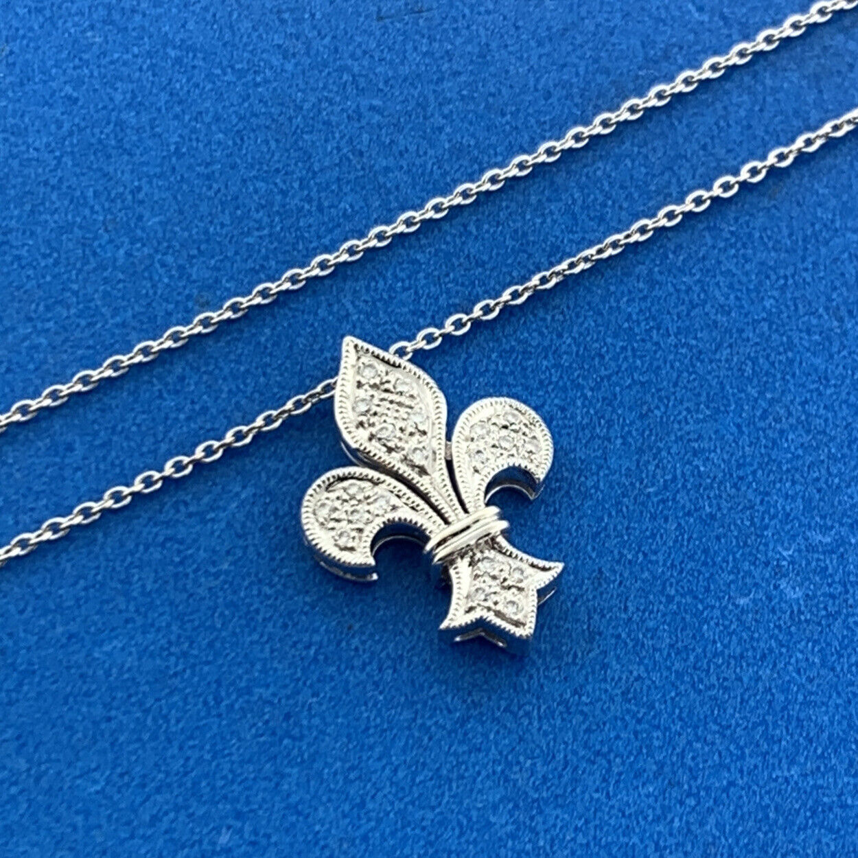 Designer BK 18k White Gold Round Cut Diamond Fleur De Lis 16.5" Chain Necklace