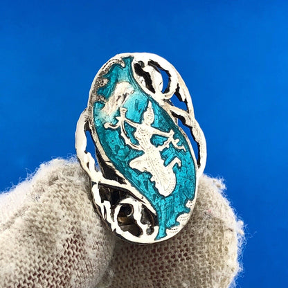 Antique Siam 925 Sterling Silver Aqua Enamel Nielloware Brooch Clip Earrings Set