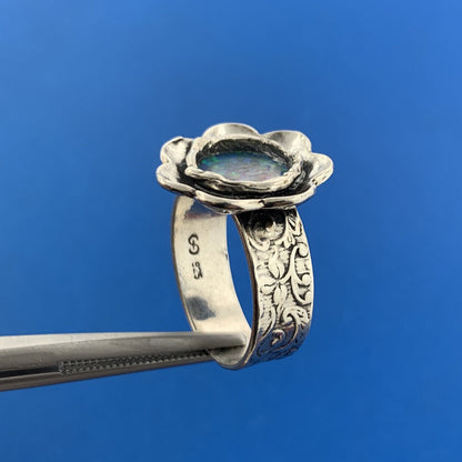 Vintage 925 Sterling Silver Opal Doublet Floral Scroll Flower Power Ring