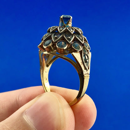 Estate 10K Yellow Gold Blue Topaz Towering Flower December Anniversary Ring