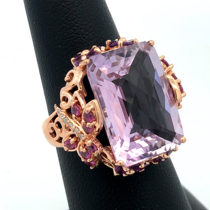 Designer 14K Yellow Gold Amethyst Pink Tourmaline Diamond Statement Floral Ring
