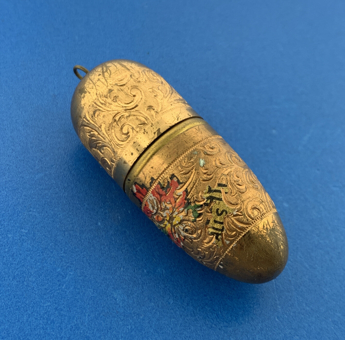 Antique German Germany Guilloche Floral Scroll Gold Tone Pendant Sewing Kit