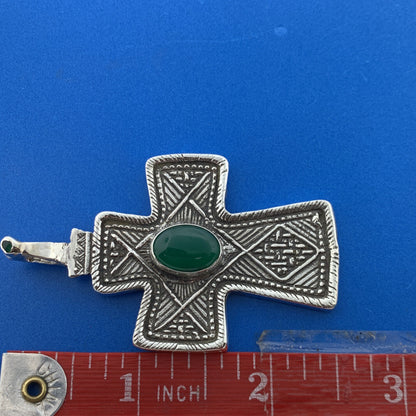 Stunning Sterling Silver 925 Cabochon Oval Emerald Religious Faith Cross Pendant