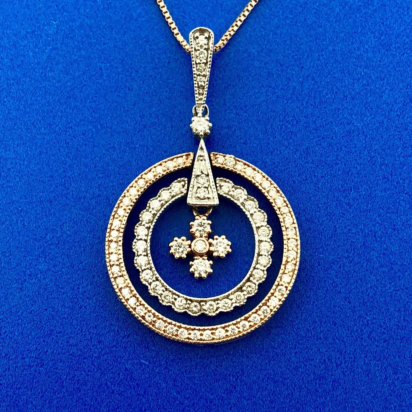 14K Rose White Gold Diamond Double Eternity Circle Pendant Necklace