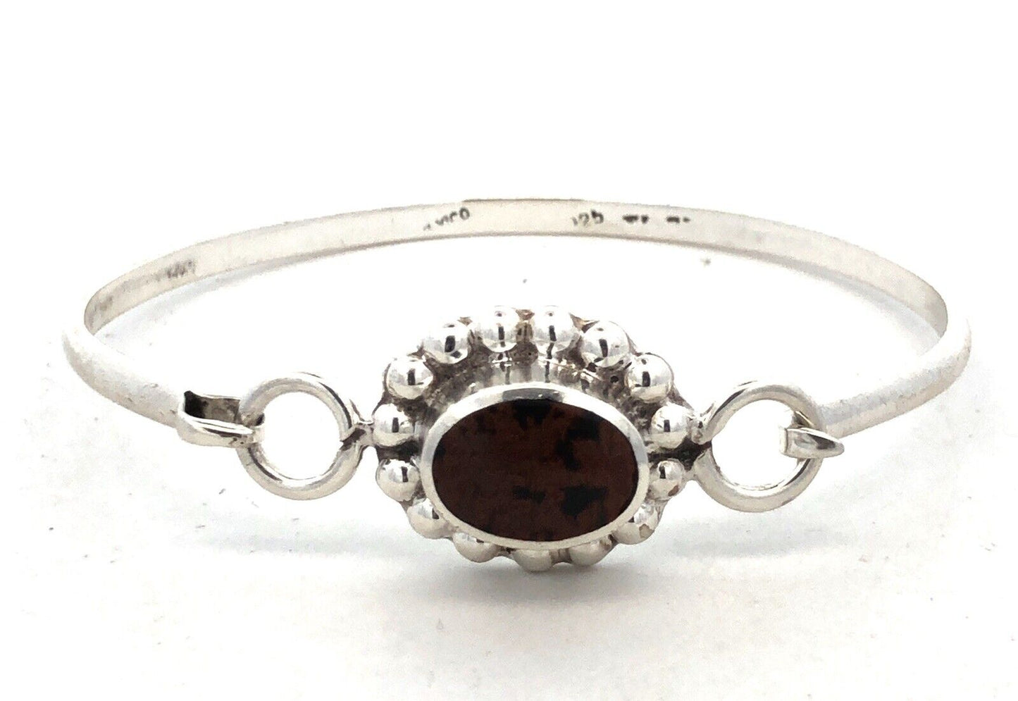 TAXCO Mexico 925 Sterling Silver Brecciated Jasper Cabochon Hook Bangle Bracelet