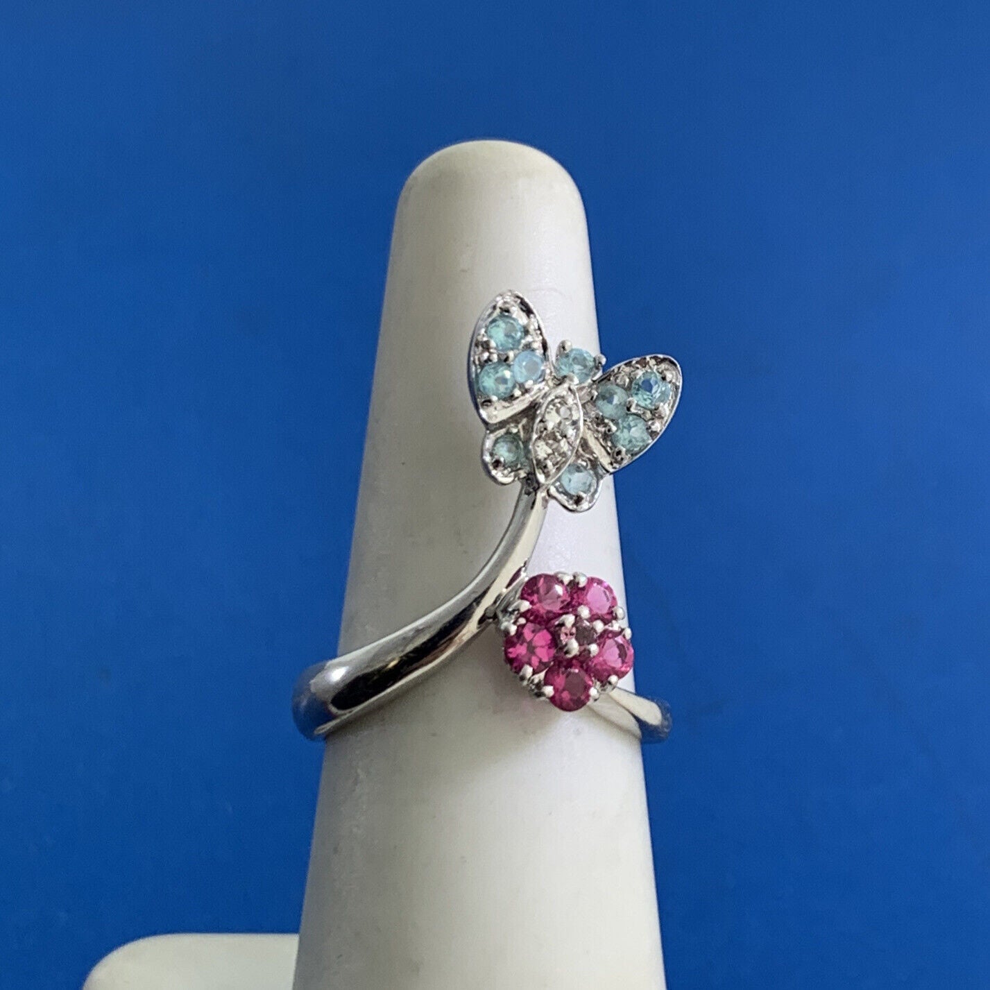 Designer Sterling Silver Pink Blue Cubic Zirconia Butterfly Flower Bypass Ring