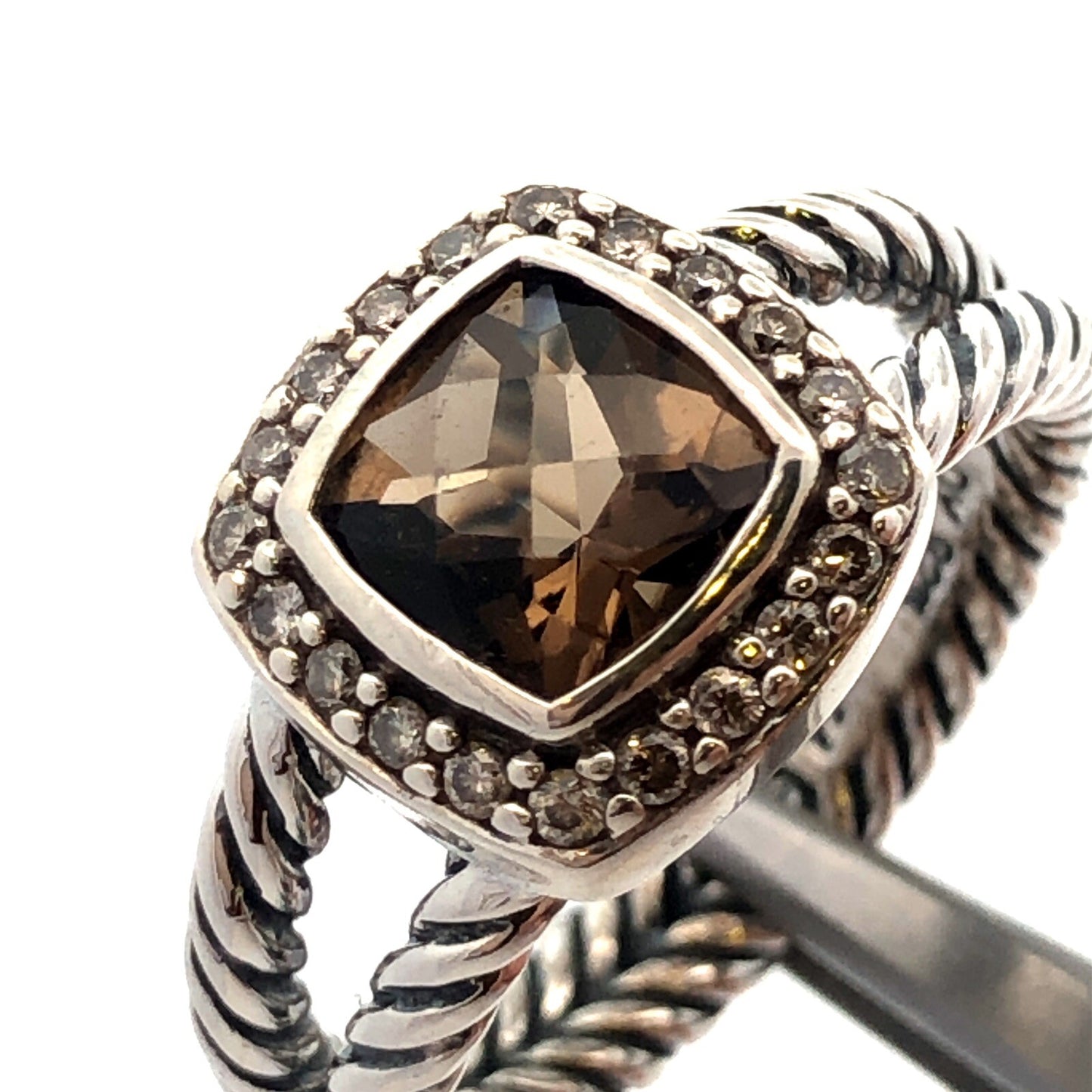 David Yurman 925 Sterling Silver Smoky Quartz Diamond Halo Petite Albion Ring