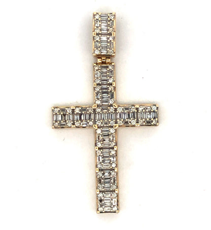 10K Yellow Gold Baguette Round Diamond Pave Statement Cross Pendant