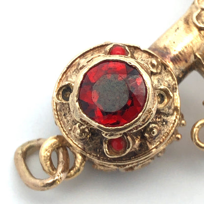 Art Nouveau 14K Yellow Gold Garnet Pearl Turquoise Coral Telephone Pendant