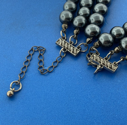 Retro Stunning Gunmetal Gray Faux Pearl Gray Rhinestone Runway 3 Strand Necklace