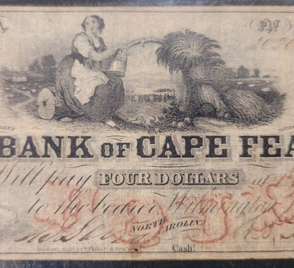 1859 $4 PMG VF20 Bank of Cape Fear, Salem, North Carolina Obsolete Bank Note