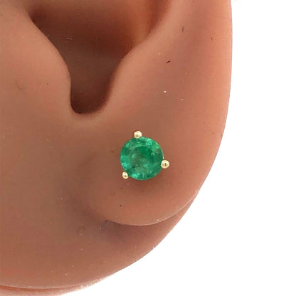 Designer PAM 14K Yellow Gold Round Green Emerald Solitaire Stud Earrings