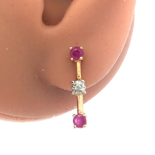 Estate 10K Yellow Gold Ruby Diamond July Anniversary Bar Drop Stud Earrings