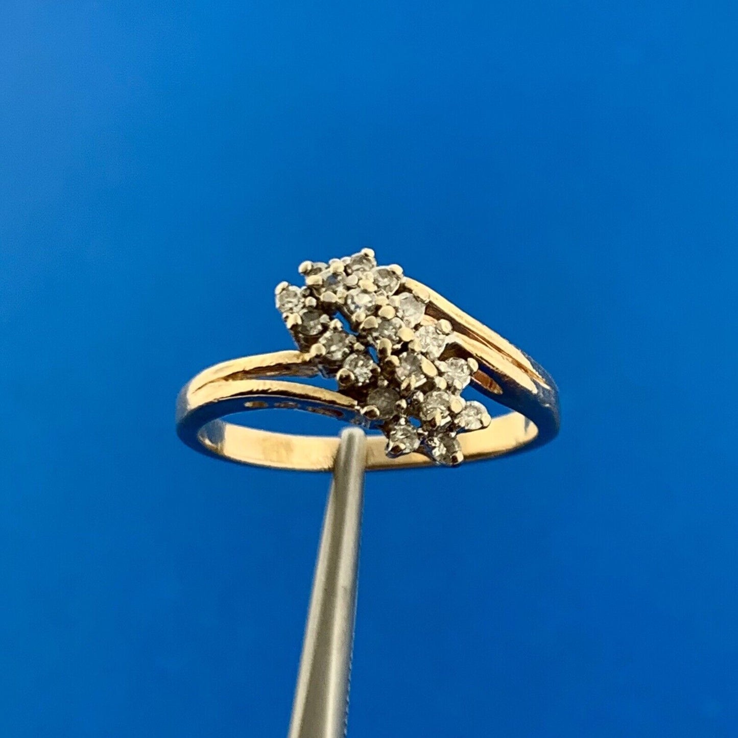 Vintage 14K Yellow Gold Diamond Waterfall Cluster Bypass Cocktail Ring