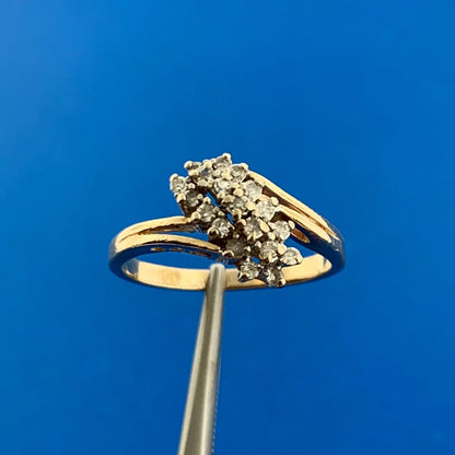 Vintage 14K Yellow Gold Diamond Waterfall Cluster Bypass Cocktail Ring