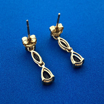 Estate 14K Yellow Gold Blue Sapphire November Anniversary Drop Dangle Earrings