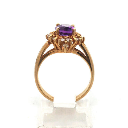 14K Yellow Gold Amethyst Diamond Halo Starburst Cluster February Cocktail Ring