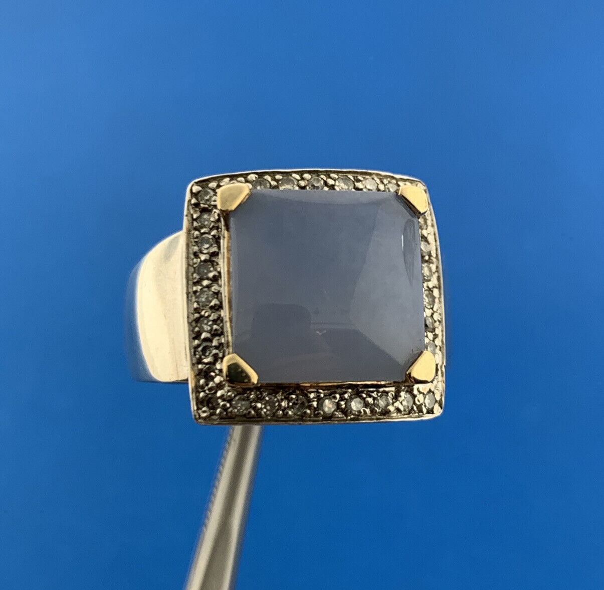 Designer BJC 925 Sterling Silver 14K Yellow Gold Chalcedony Diamond Halo Ring
