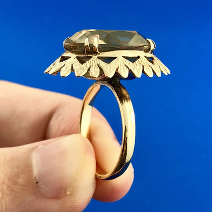 Vintage Retro 14k Yellow Gold Smoky Topaz Statement Cocktail Ring