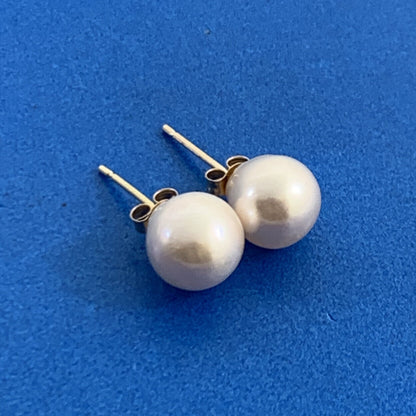 Designer 14K Yellow Gold White Pearl Solitaire Statement Stud Earrings 7.65mm