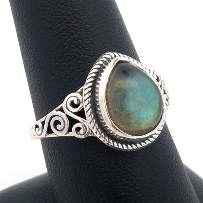 Designer D'Joy 925 Sterling Silver Pear Cabochon Labradorite Filigree Ring