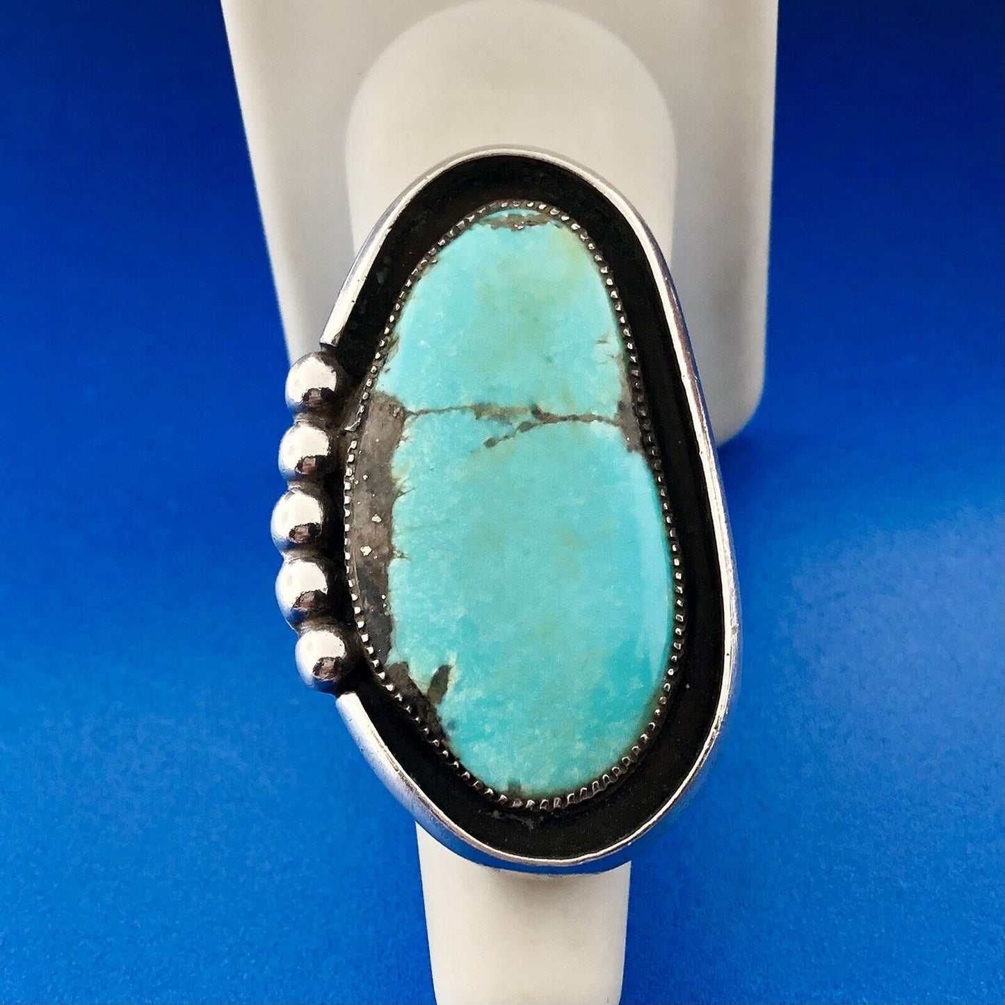 Mid Century Signed Dated Native American Sterling Silver Turquoise Finger Ring
