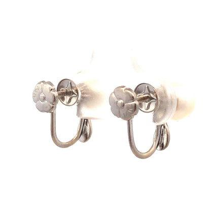 Estate 14K White Gold Round White Pearl Diamond Accent Screw Clip-on Earrings