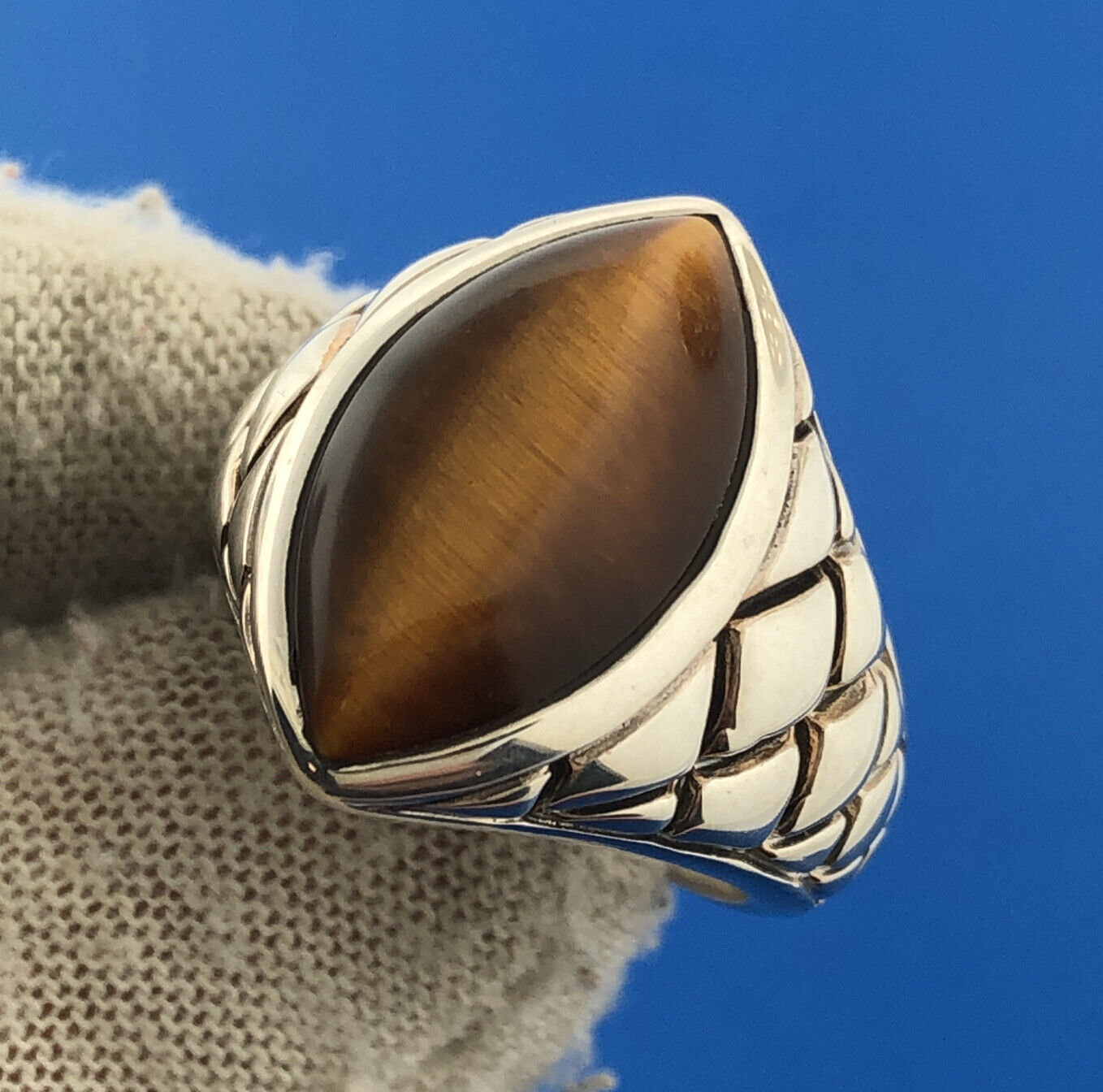 Designer SX Thailand Sterling Silver Marquise Tigers Eye Snakeskin Band Ring