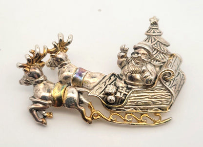 Vintage Silver Gold Tone Santa & Sled Brooch/Pendant Clip Earrings 3 Pc Set