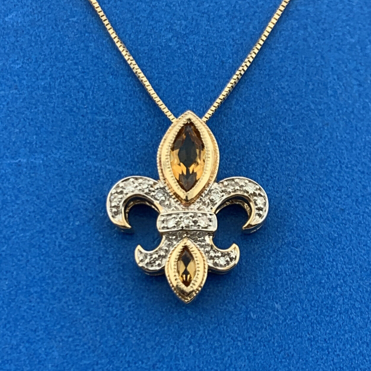 Vintage 14K Yellow White Citrine Diamond Fleur De Lis November Pendant Necklace
