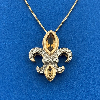 Vintage 14K Yellow White Citrine Diamond Fleur De Lis November Pendant Necklace