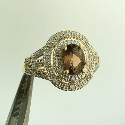 Designer DYACH 14K Yellow Gold Oval Smoky Quartz Diamond Double Halo Ring