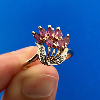 Vintage Designer THL 10K Yellow Gold Pink Spinel Diamond Cluster Cocktail Ring