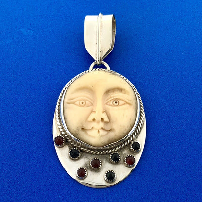 WASGO Sterling Silver Onyx Carnelian Carved Moon Stars Statement Pendant