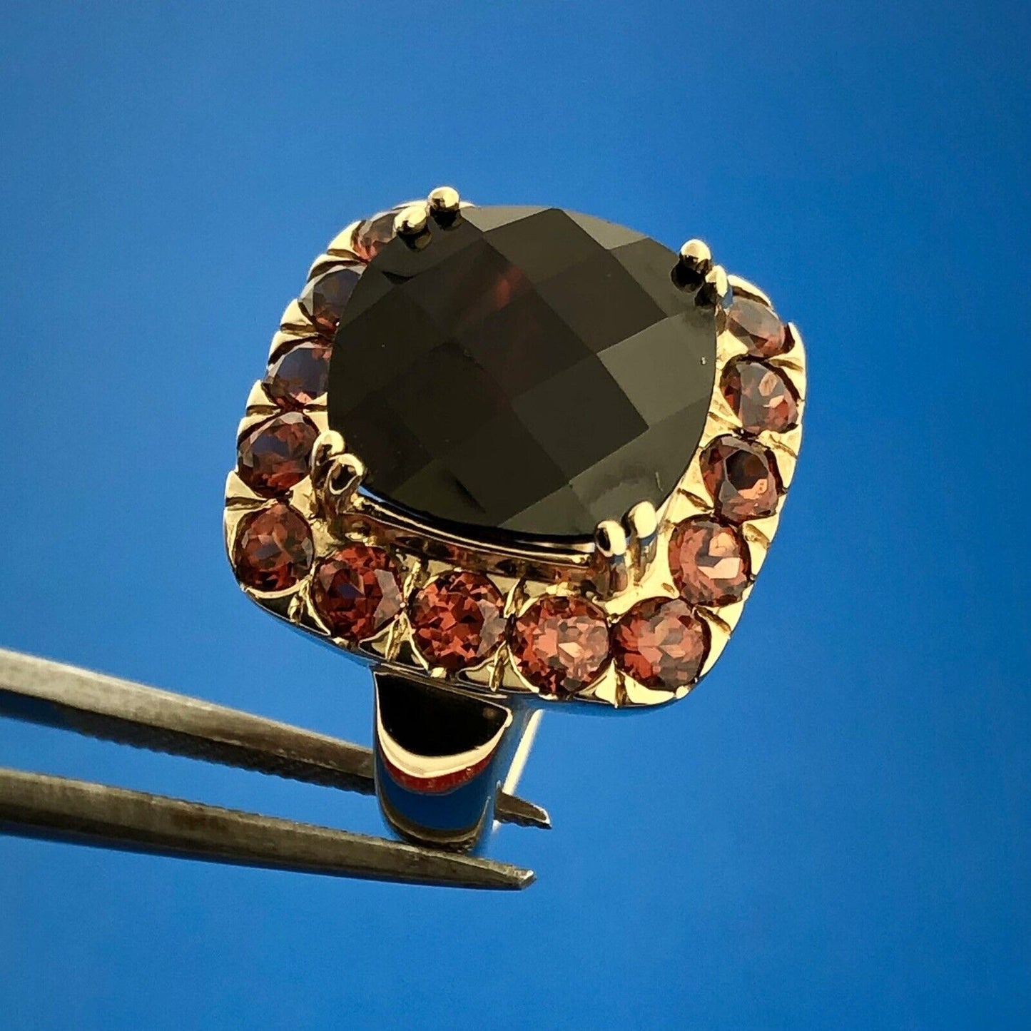 Designer 14K Yellow Gold Cushion Garnet Solitaire Halo January Anniversary Ring