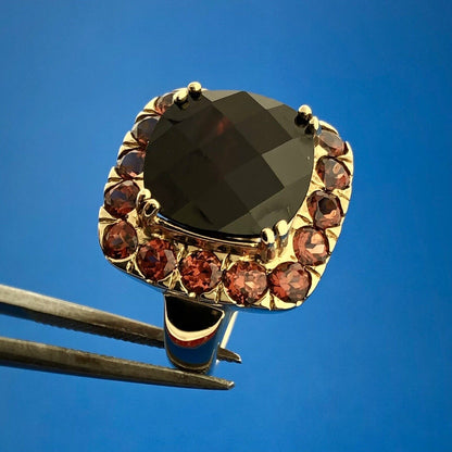 Designer 14K Yellow Gold Cushion Garnet Solitaire Halo January Anniversary Ring