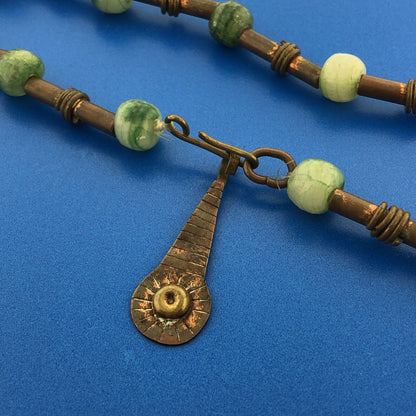 Casa Maya Mexico Brass Copper Jade South American Aztec Head 26" Tribal Necklace