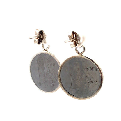 Designer Milor Italy 925 Sterling Silver Italian Lire Coin Stud Dangle Earrings