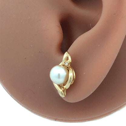 14K Yellow Gold Round Estate Pearl Diamond June Anniversary Stud Earrings