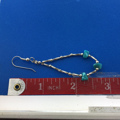 Vintage 925 Sterling Silver Turquoise Ball Beaded Oblong Soft Hoop Earrings