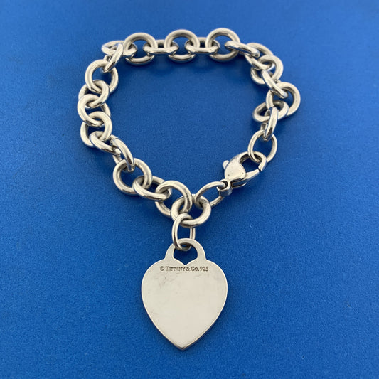 Tiffany & Co 925 Sterling Silver Engravable Heart Tag Rolo Link Bracelet
