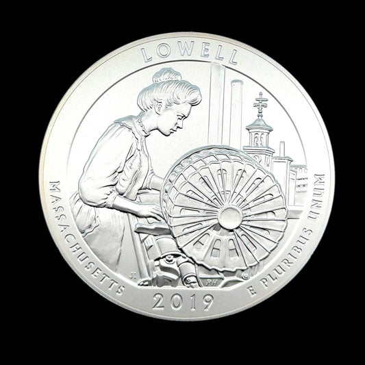 2019 P America The Beautiful Massachusetts Lowell 5 oz Silver Quarter Coin