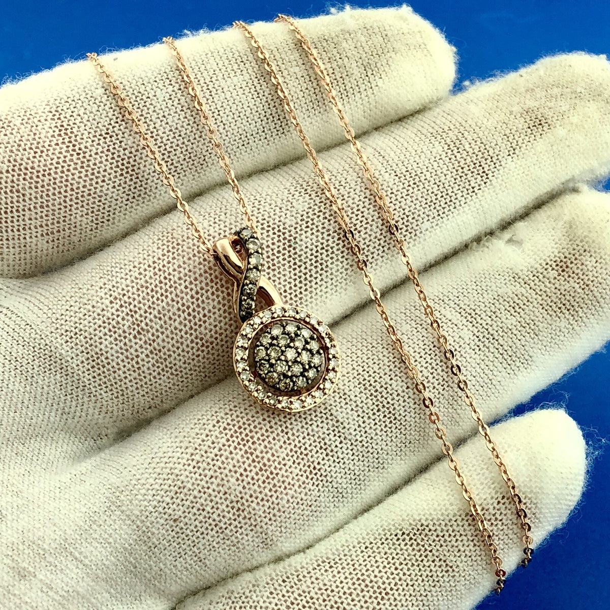Designer 14K Rose Gold Champagne White Diamond Infinity Eternity Circle Necklace