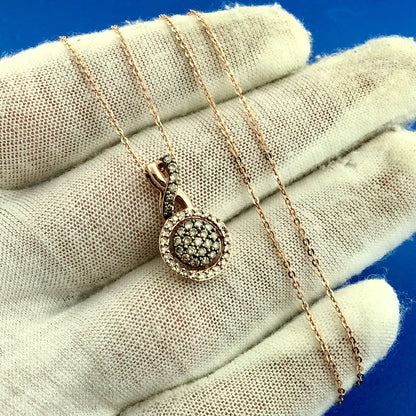 Designer 14K Rose Gold Champagne White Diamond Infinity Eternity Circle Necklace