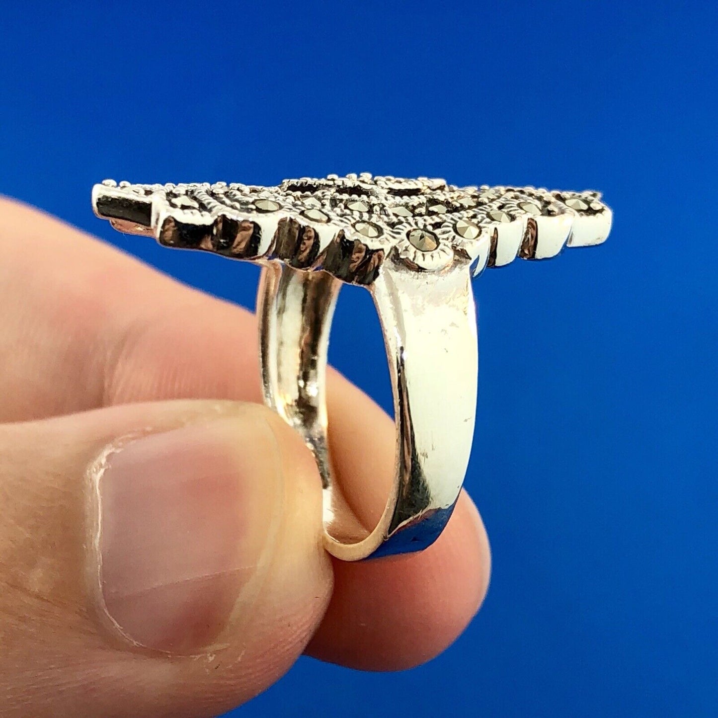 Retro 925 Sterling Silver Marcasite Filigree Scroll Statement Cocktail Ring