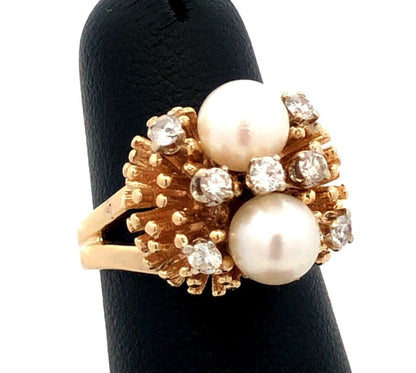 Designer EAG 14K Yellow Gold Round Pearl Diamond Textured Dome Statement Ring