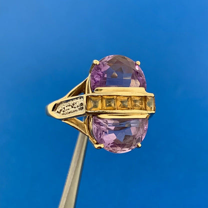 Designer THL 10K Yellow Gold Amethyst Citrine Diamond Accent Statement Ring